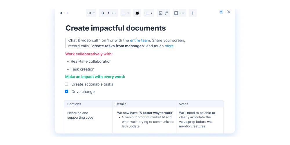 Close-up view of the Heycollab document editor with features for text formatting and collaborative editing highlighted.